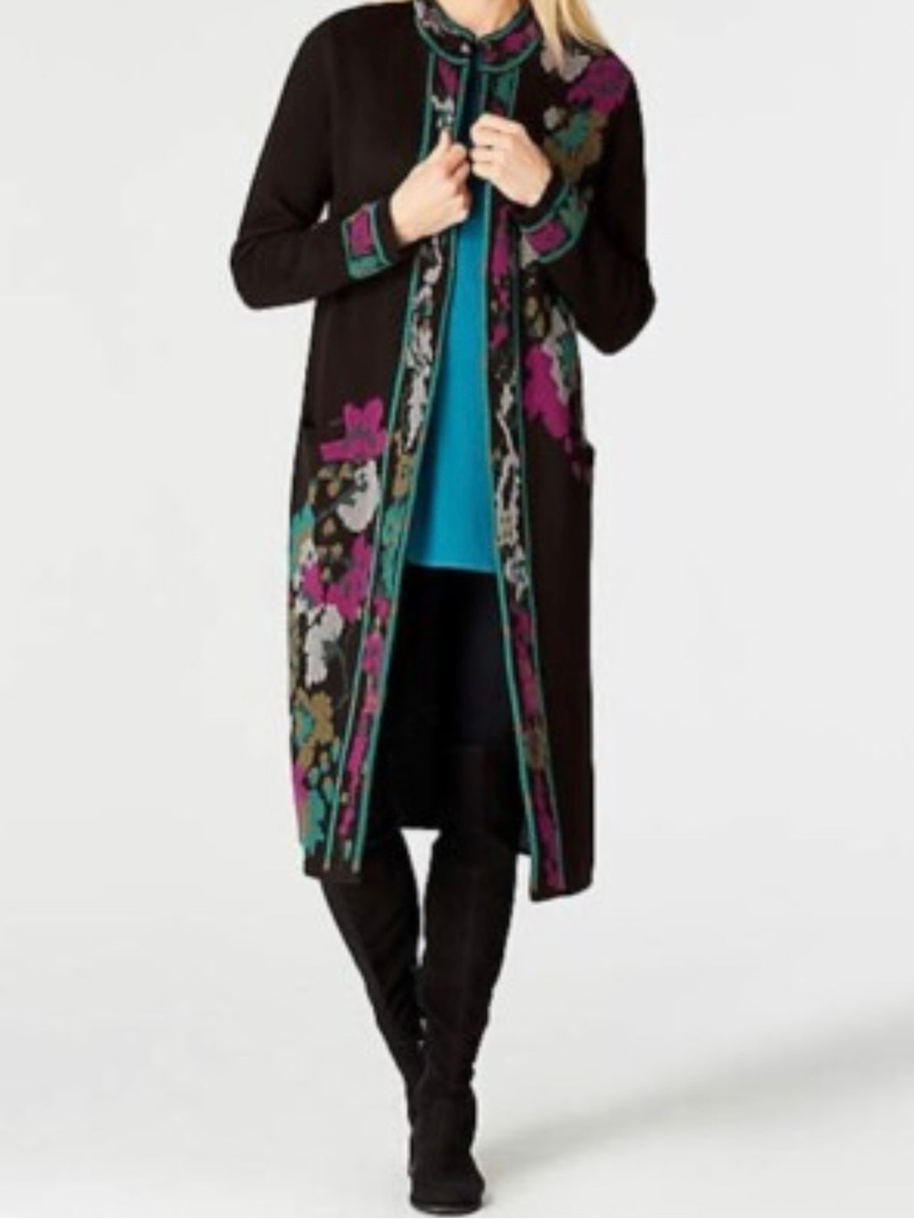 J Jill black trailing flowers sweater jacket